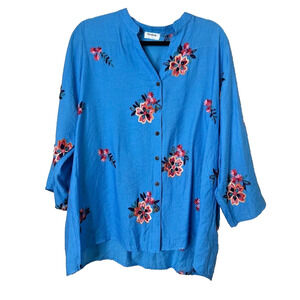 Kindred Womens‎ Floral Embroidered Button Up Shirt Top Size 1X Boho Blue Cottage
